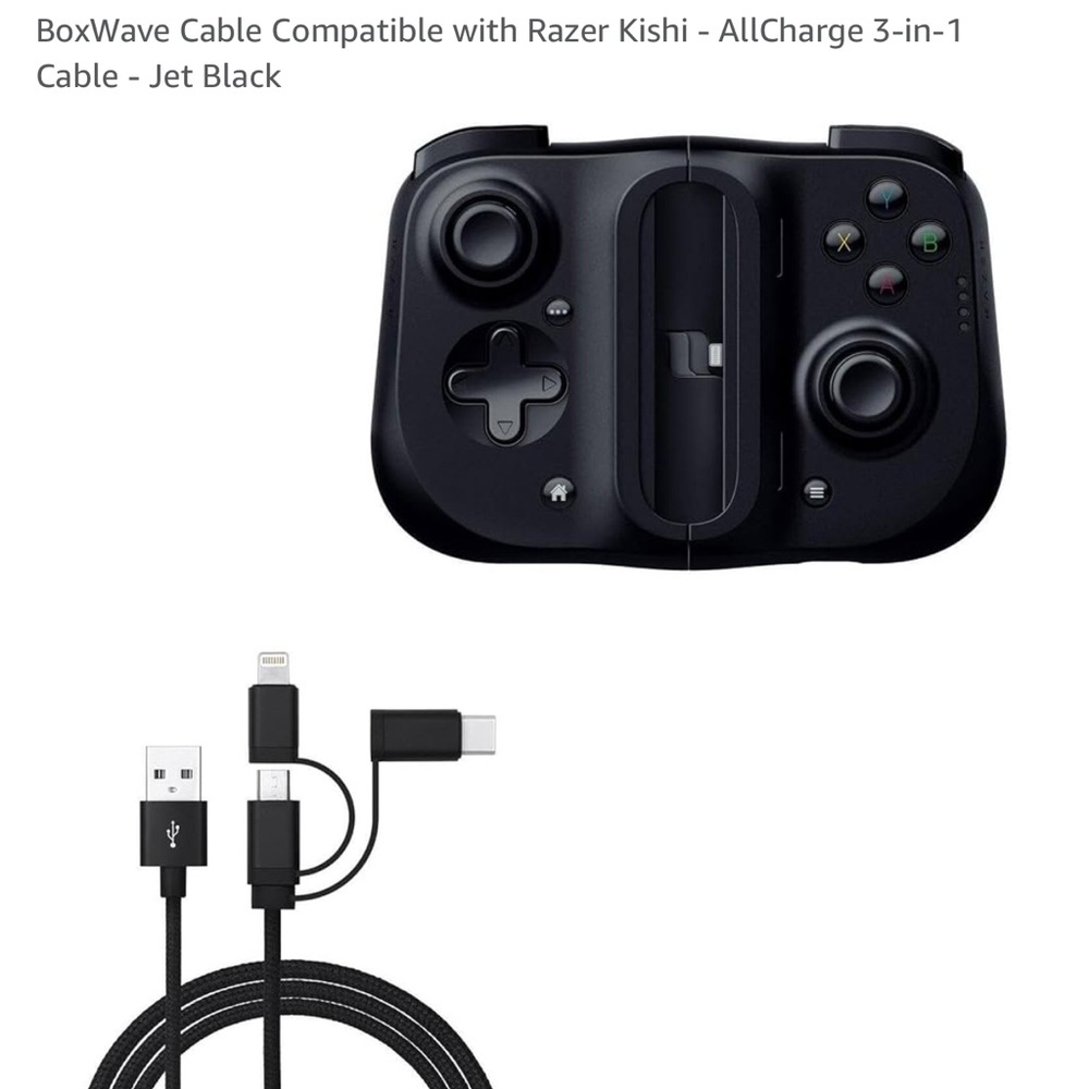 BoxWave Cable Compatible with Razer Kishi - AllCharge 3-in-1 Cable - Jet Black